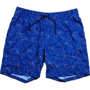 Free Assembly Mens L Blue w/ White Floral Hybrid‎ Swim Shorts Bathing 7" Inseam